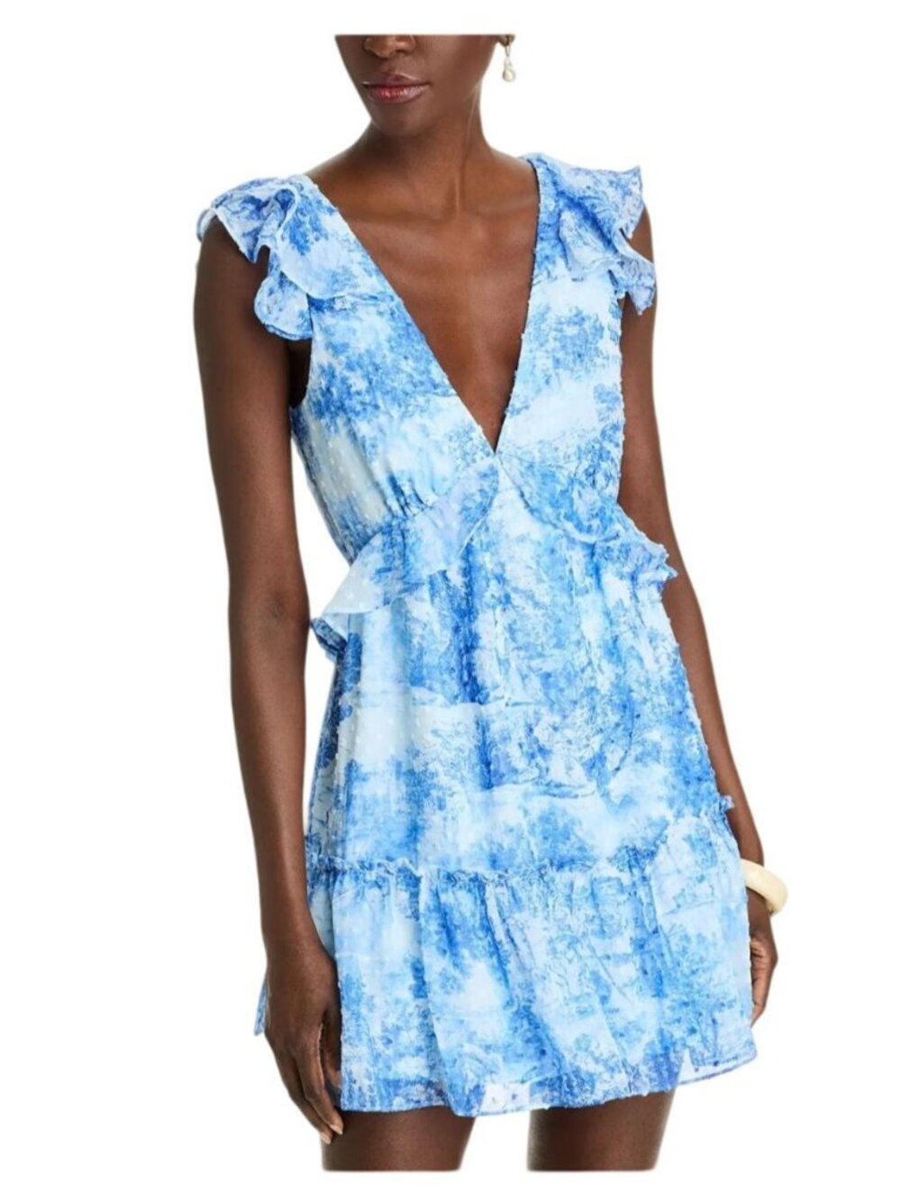 Aqua Toile Ruffle Trim Mini Dress Blue Size Large Tie Back V-Neck